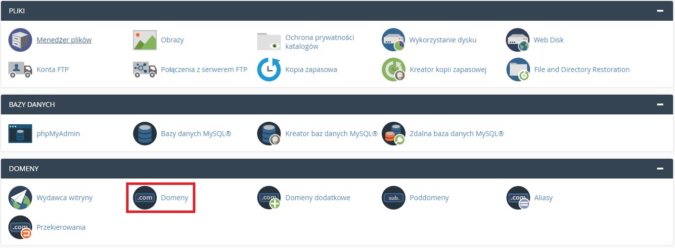 Zarządzanie domeną w obrębie cPanelu (przekierowanie na katalog, subdomeny, dodanie nowej domeny)