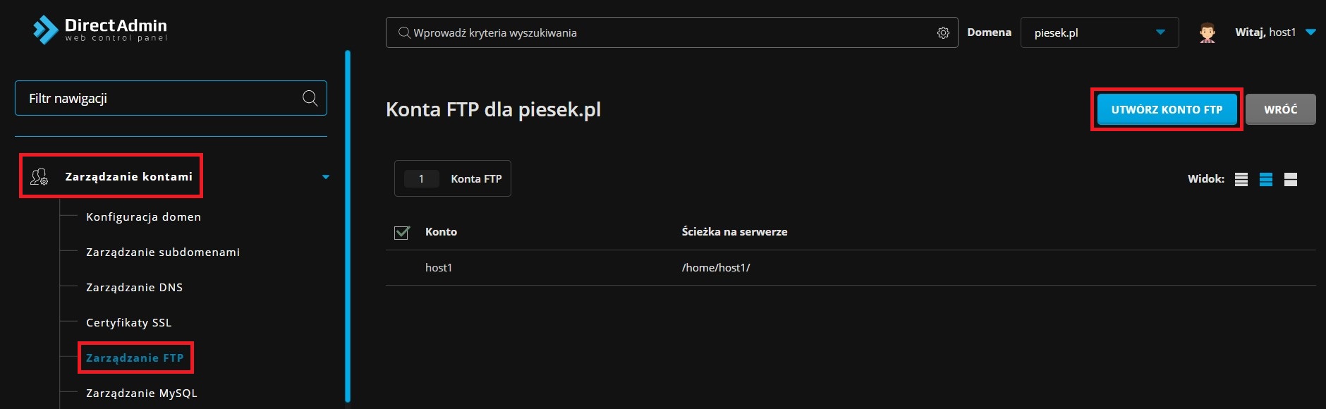 Dodawanie kont FTP na Direct Admin